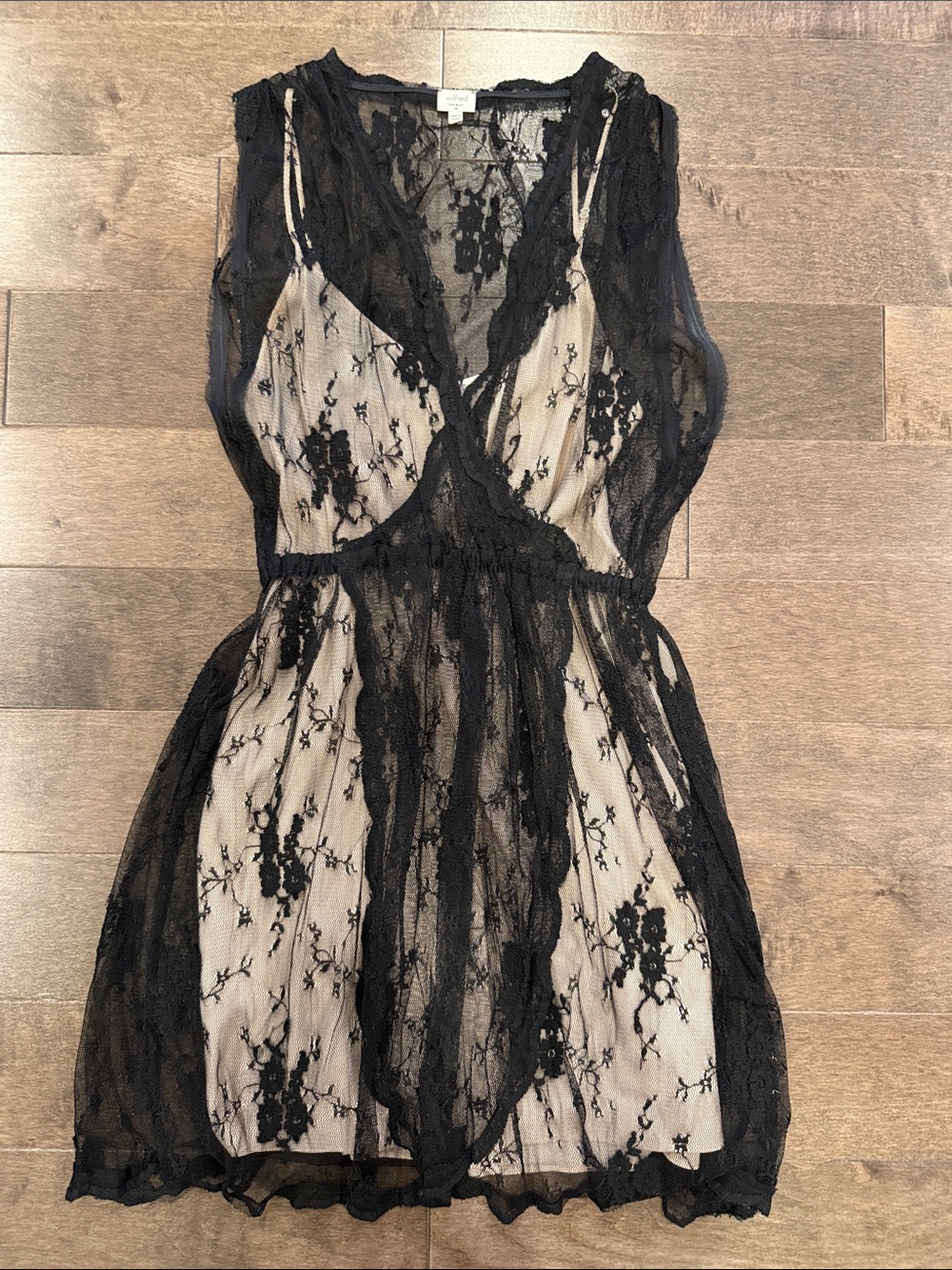 Wilfred Black Lace Slip Dress with Nude Underlay